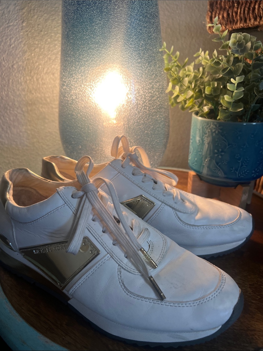 Michael Kors White Leather Sneakers with Gold Trim